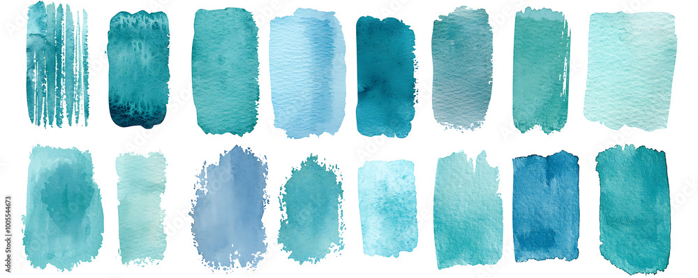 A collection of hand-drawn watercolor stripes in various shades of turquoise displayed on a white background