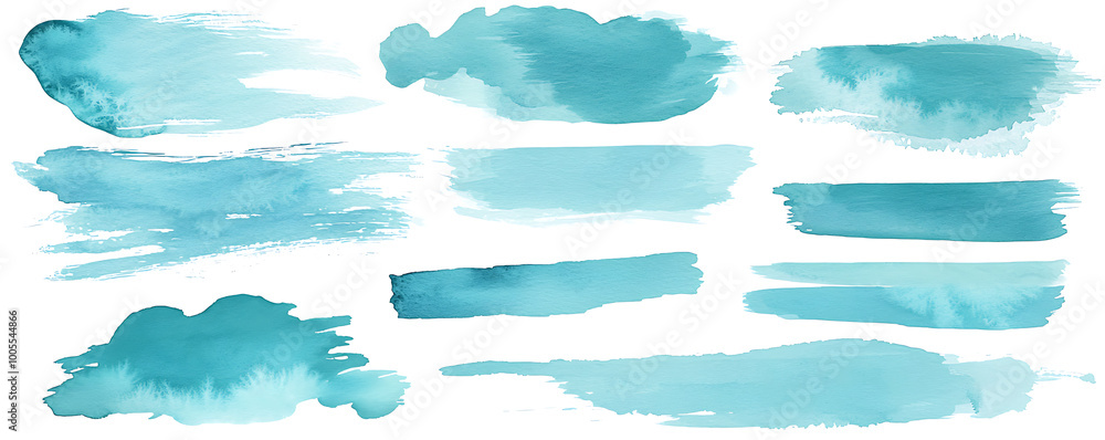 A collection of hand-drawn watercolor stripes in various shades of turquoise displayed on a white background A collection of hand-drawn watercolor stripes in various shades of turquoise displayed on a white background