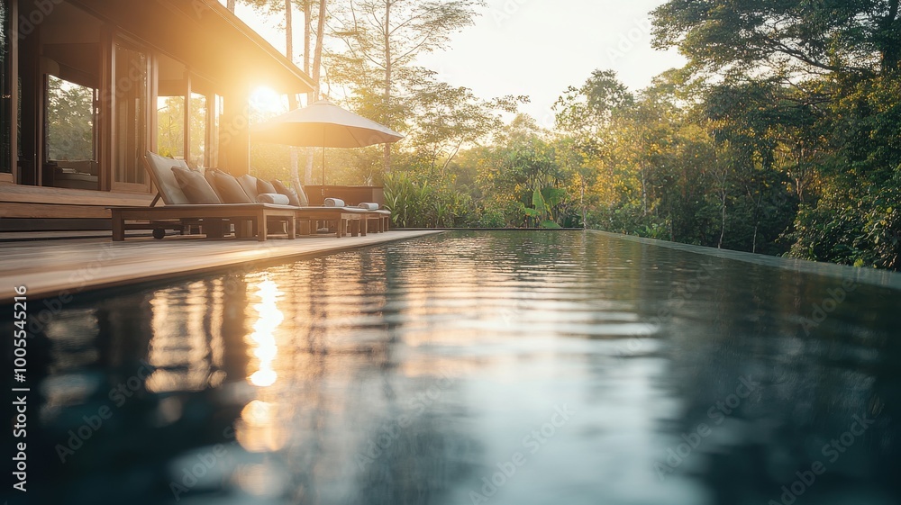 Fototapeta premium Serene poolside view with sunset, surrounded by lush greenery and tranquil atmosphere.