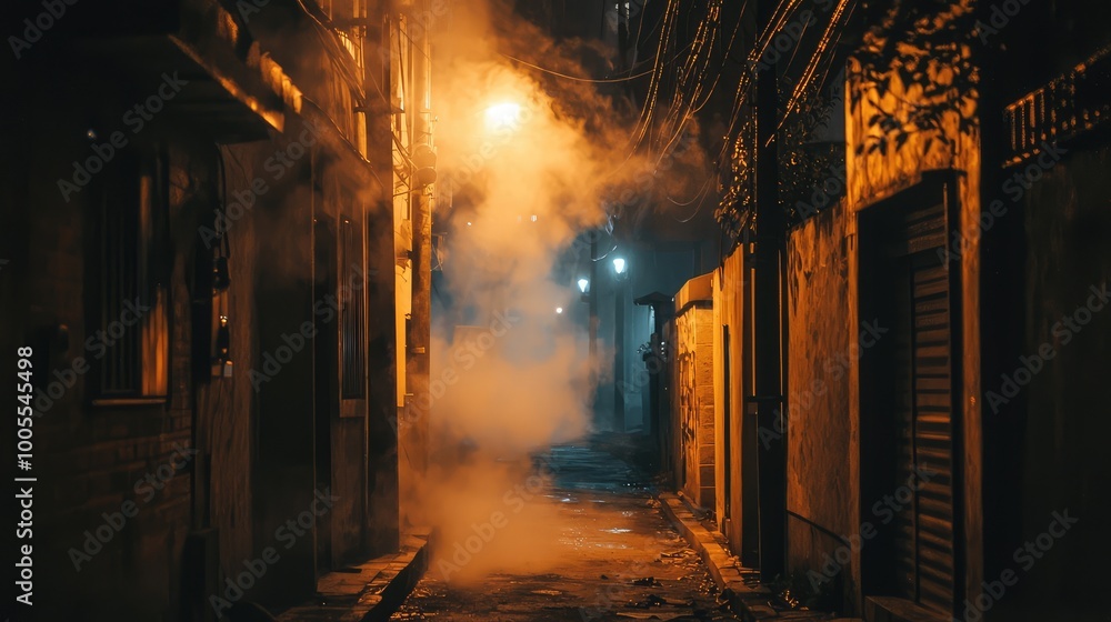 Φωτογραφία A mysterious alley illuminated by streetlights, shrouded in fog, evoking a sense of intrigue and solitude at night