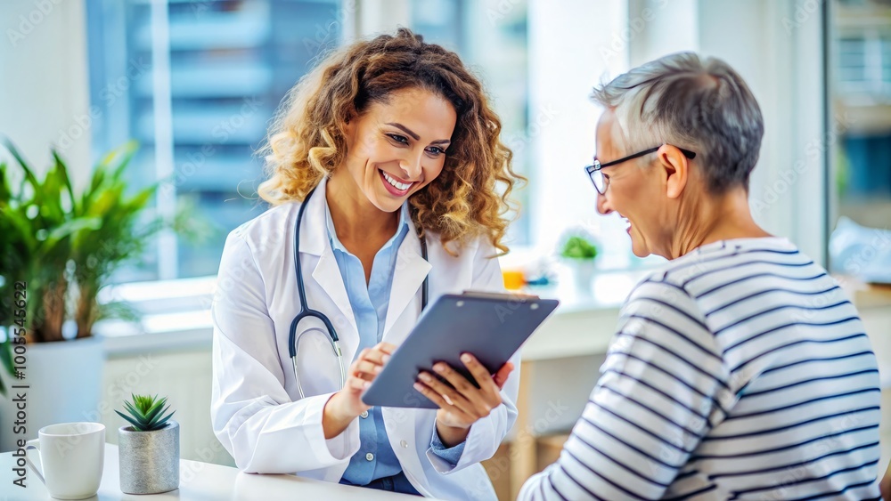 At the clinic, a female doctor discusses a patient’s medical checkup results through a digital tablet, providing At the clinic, a female doctor discusses a patient’s medical checkup results through a digital tablet, providing