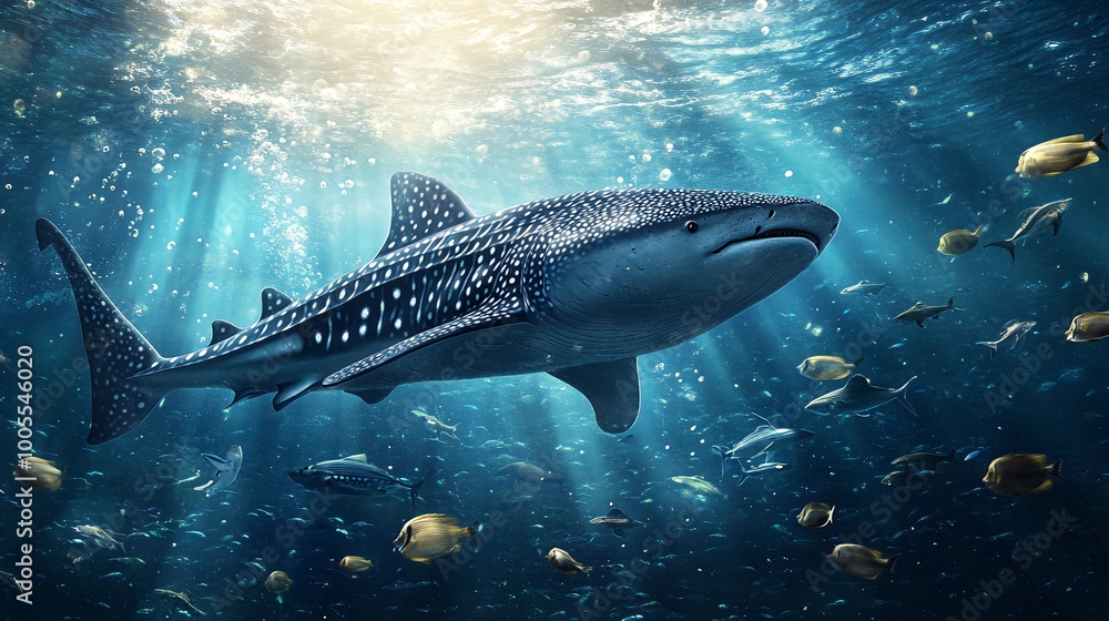 Fototapeta premium A large whale shark swims through a vibrant coral reef, bathed in sunlight.