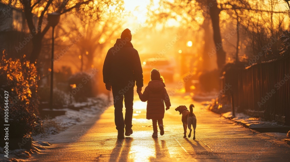 Silhouette of a parent and child walking with a dog during sunset. Silhouette of a parent and child walking with a dog during sunset.