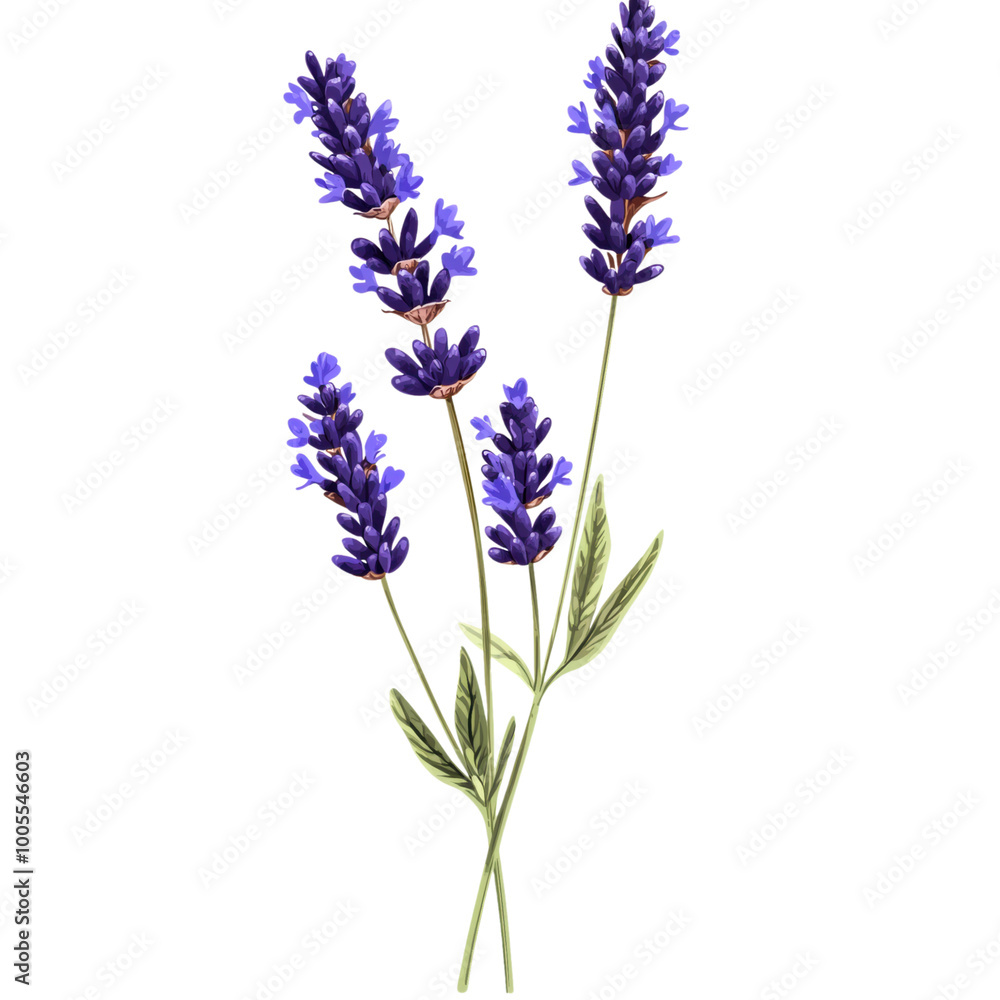 Naklejka premium Lavender: A sprig of lavender with vibrant purple flowers. png, transparent background.