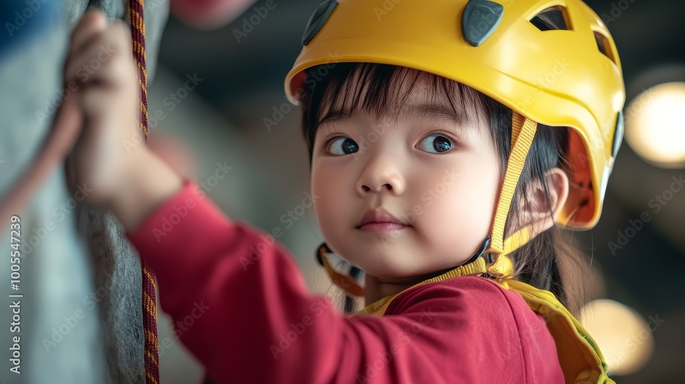 Determined Young Asian Child Rock Climbing Indoors with Yellow Helmet in Red Outfit Determined Young Asian Child Rock Climbing Indoors with Yellow Helmet in Red Outfit