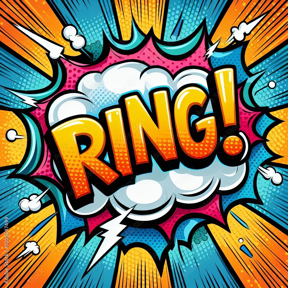 Pop art comic style speech bubble with Ring text on vibrant halftone background. Colorful retro design for poster, banner, or print Pop art comic style speech bubble with Ring text on vibrant halftone background. Colorful retro design for poster, banner, or print