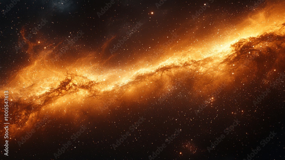 A vibrant cosmic landscape with fiery orange and yellow hues illuminating the dark expanse of space during a star formation event A vibrant cosmic landscape with fiery orange and yellow hues illuminating the dark expanse of space during a star formation event