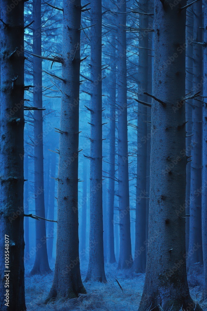 Spooky Forest with Tall Trees in Blue Tones Spooky Forest with Tall Trees in Blue Tones