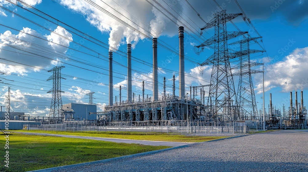 A power plant with towering smokestacks and transmission lines under a blue sky, showcasing energy production and industrial infrastructure. A power plant with towering smokestacks and transmission lines under a blue sky, showcasing energy production and industrial infrastructure.