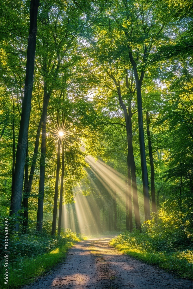 Obraz premium Forest Road Illuminated by Sunrays