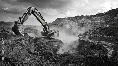 A powerful excavator demolishes earth in a dramatic landscape, showcasing industrial strength and environmental impact. photo