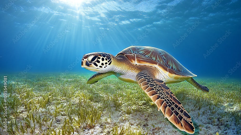 Obraz premium A green sea turtle swims through a coral reef, sunlight shining through the water above.