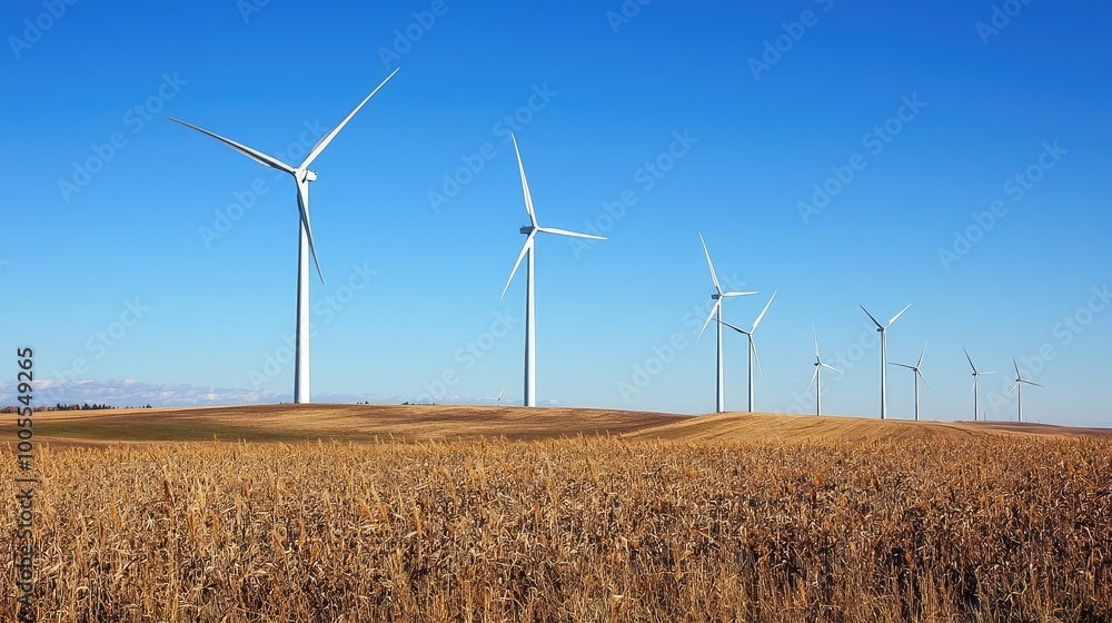 A scenic landscape featuring multiple wind turbines against a clear blue sky and golden fields, showcasing renewable energy in nature. A scenic landscape featuring multiple wind turbines against a clear blue sky and golden fields, showcasing renewable energy in nature.