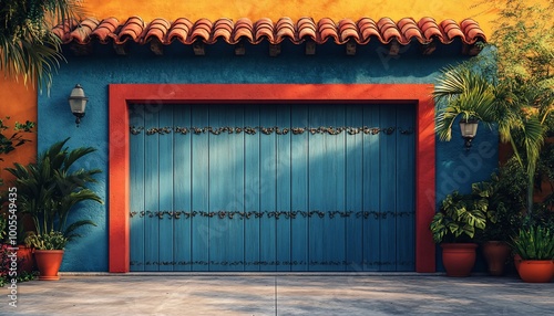 A blue wooden door with red frame and terracotta tile roof on a yellow wall with plants in pots on either side.
