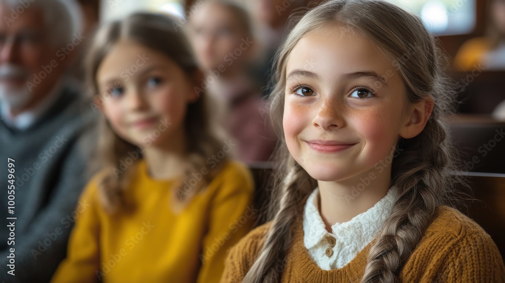 Smiling girl in a crowd, enjoying a moment at an event, bright atmosphere. Smiling girl in a crowd, enjoying a moment at an event, bright atmosphere.