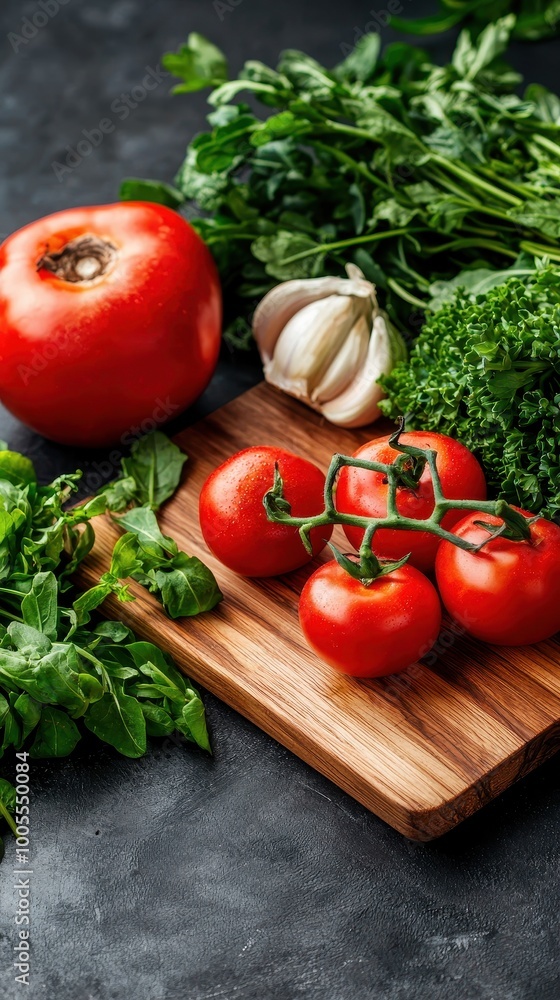 Fresh vegetables on a wooden cutting board, including red tomatoes, garlic, and greens, perfect for healthy cooking. Fresh vegetables on a wooden cutting board, including red tomatoes, garlic, and greens, perfect for healthy cooking.