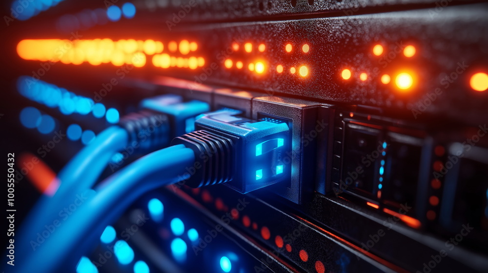 Network Cables Connected to a Server Rack, Bright Blue and Orange Lights Indicating Data Transfer