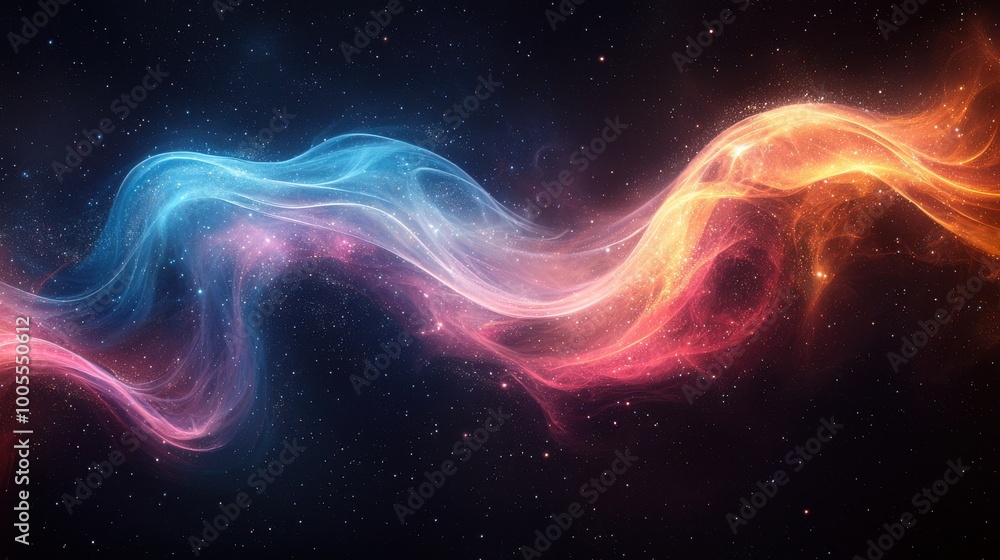 Colorful waves of light swirl through a starry background, creating a mesmerizing cosmic display of energy and beauty Colorful waves of light swirl through a starry background, creating a mesmerizing cosmic display of energy and beauty