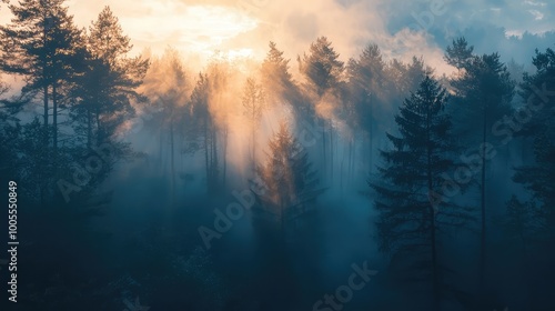 A serene forest landscape with fog and sunlight filtering through tall trees, creating a mystical atmosphere at dawn.