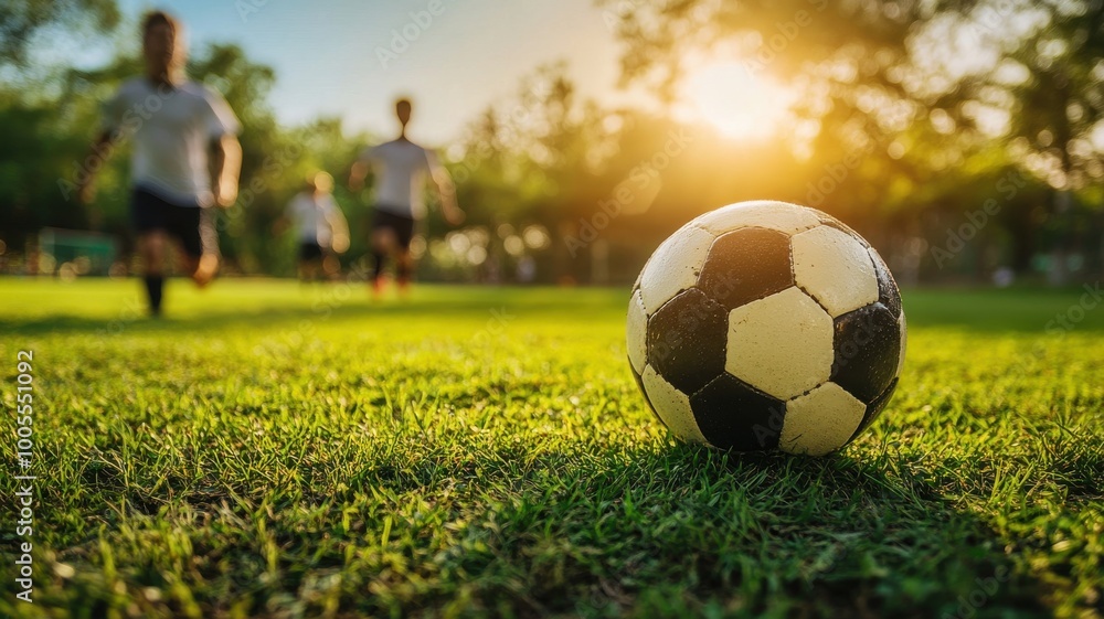 Fototapeta premium Soccer ball on green grass field during sunset with players in the background.