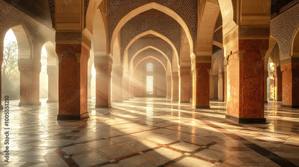 A serene interior featuring arches and intricate light patterns, creating a peaceful atmosphere within a grand space. A serene interior featuring arches and intricate light patterns, creating a peaceful atmosphere within a grand space.