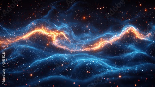 A captivating display of cosmic waves illuminated in blue and orange hues, resembling a vibrant galaxy in the vastness of space