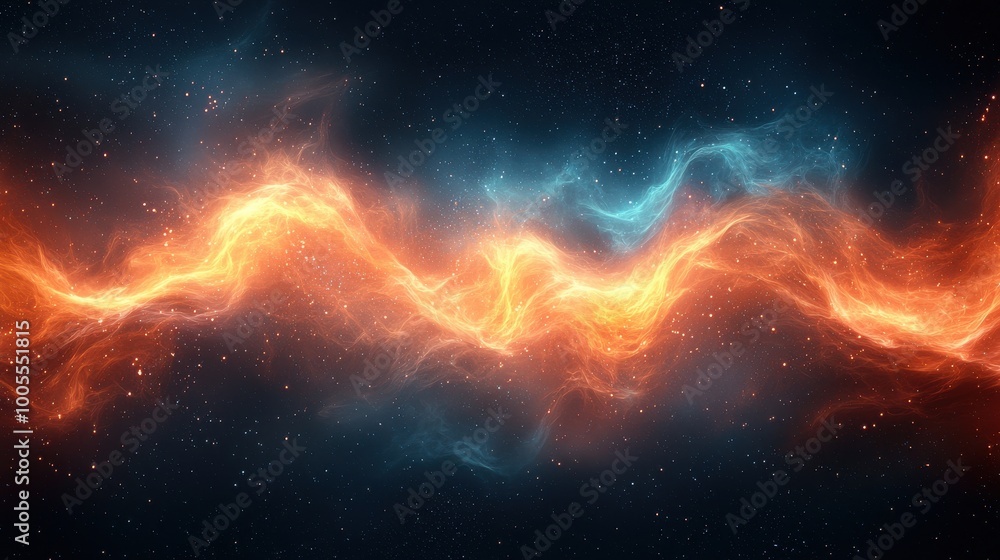 Vibrant cosmic nebula with swirling orange and blue patterns against a dark starry background in a vast galaxy Vibrant cosmic nebula with swirling orange and blue patterns against a dark starry background in a vast galaxy