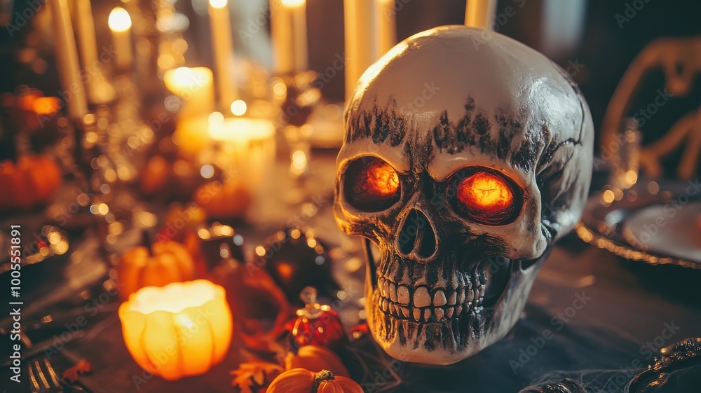 Spooky skull with glowing eyes on a Halloween-themed table setting.