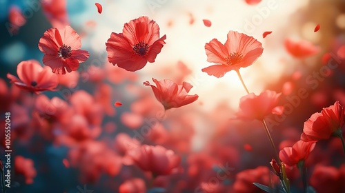 Delicate Red Poppies with Falling Petals in a Sunlit Field