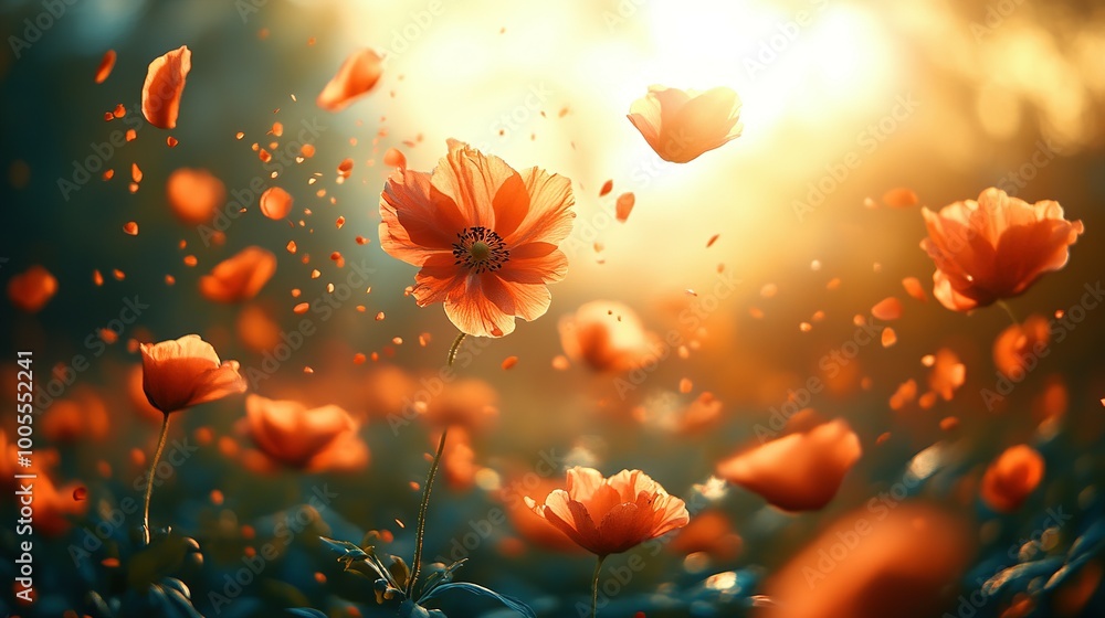 Single Poppy Flower with Petals Floating in the Air at Sunset Single Poppy Flower with Petals Floating in the Air at Sunset