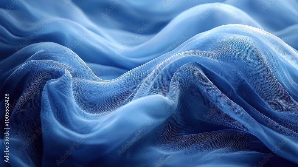 Fototapeta premium Blue sheer fabric flowing gracefully in soft waves, illuminated by gentle light, creating a tranquil and serene atmosphere
