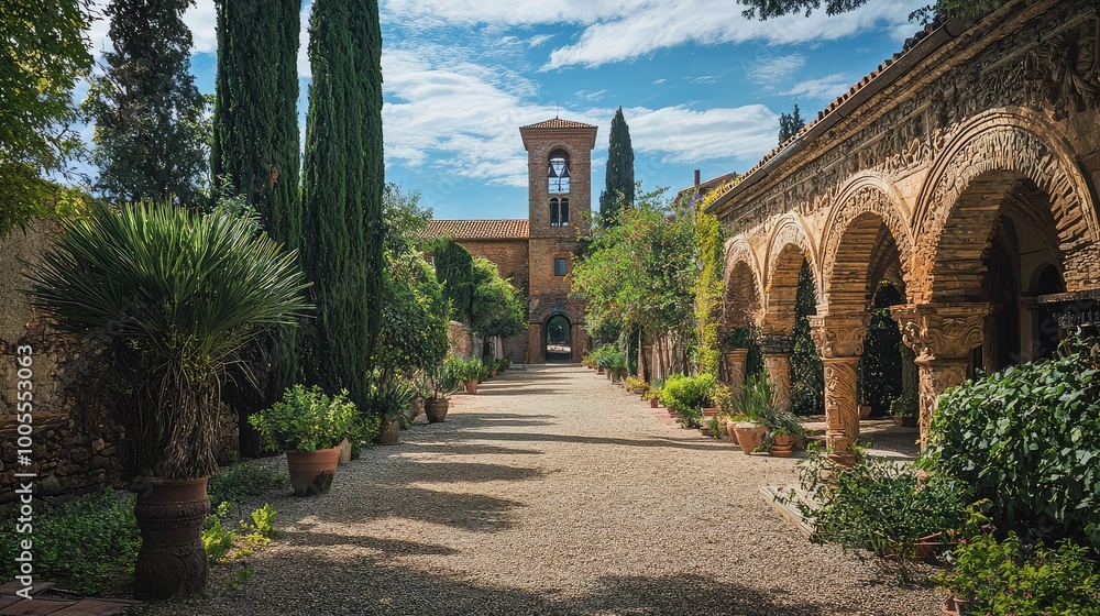 Obraz premium A serene path lined with vibrant greenery and classic architecture, leading to a distant bell tower under a bright blue sky.