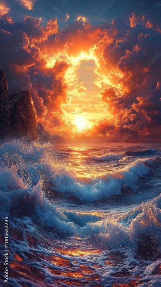 Fiery Sky Over Stormy Waves: A Powerful Ocean Sunset with Crashing Water and Dramatic Clouds Fiery Sky Over Stormy Waves: A Powerful Ocean Sunset with Crashing Water and Dramatic Clouds