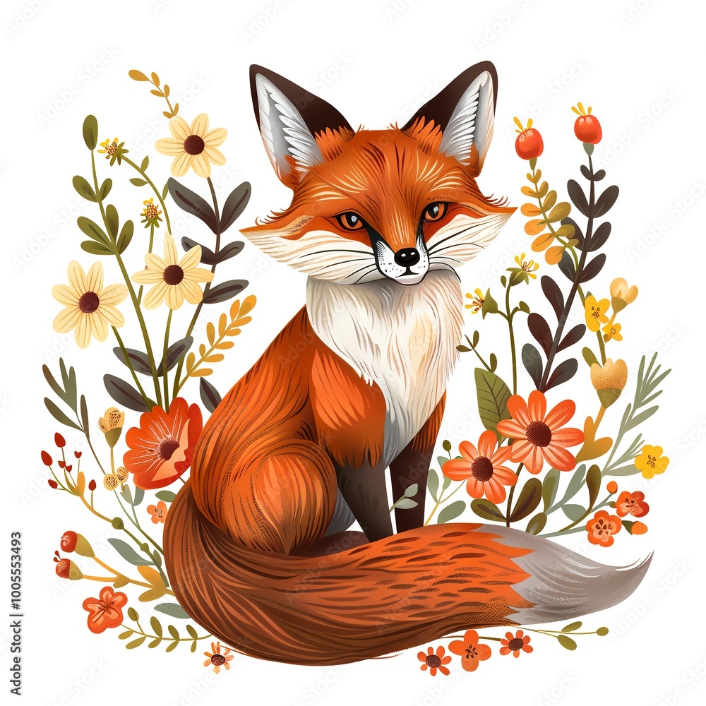 Fototapeta premium Fox with flowers. TShirt Sticker. Adorable illustration of a cute fox with flowers. AI generated