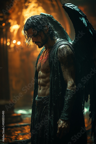 fallen angel stands drenched in a rain-soaked temple contemplating redemption