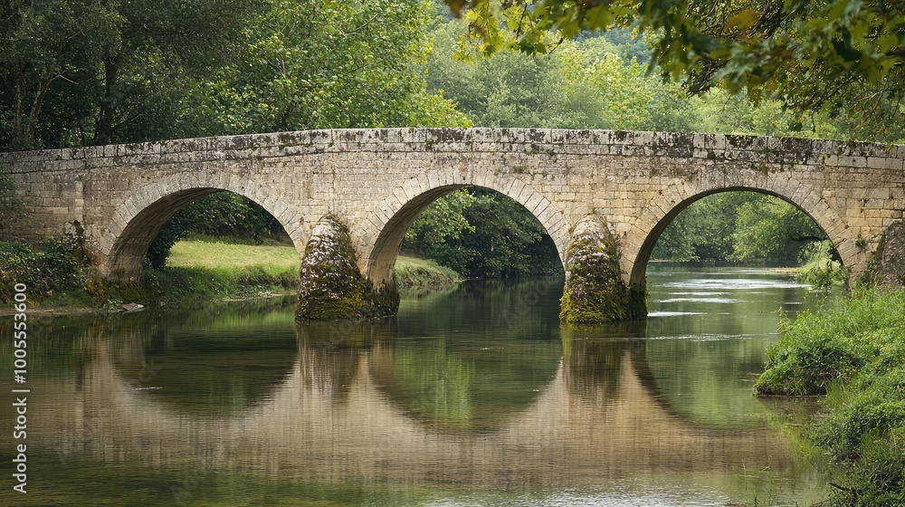 A serene stone bridge arches gracefully over calm waters, surrounded by lush greenery, creating a picturesque natural landscape. A serene stone bridge arches gracefully over calm waters, surrounded by lush greenery, creating a picturesque natural landscape.