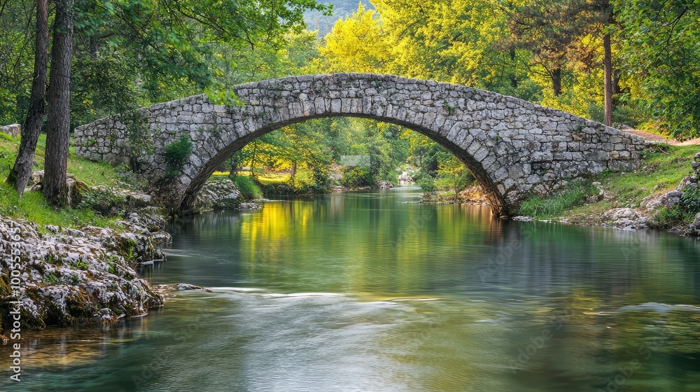 Fototapeta premium A serene stone bridge over a tranquil river, surrounded by lush greenery and reflections of nature's beauty.