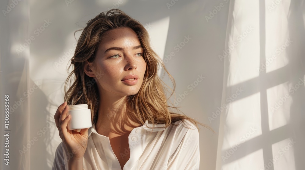 Young woman in white shirt holding a container of skincare product in her hand. Young woman in white shirt holding a container of skincare product in her hand.