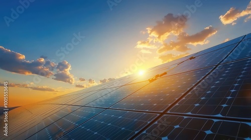 A serene sunset over solar panels, showcasing renewable energy and sustainable technology under a vibrant sky. photo