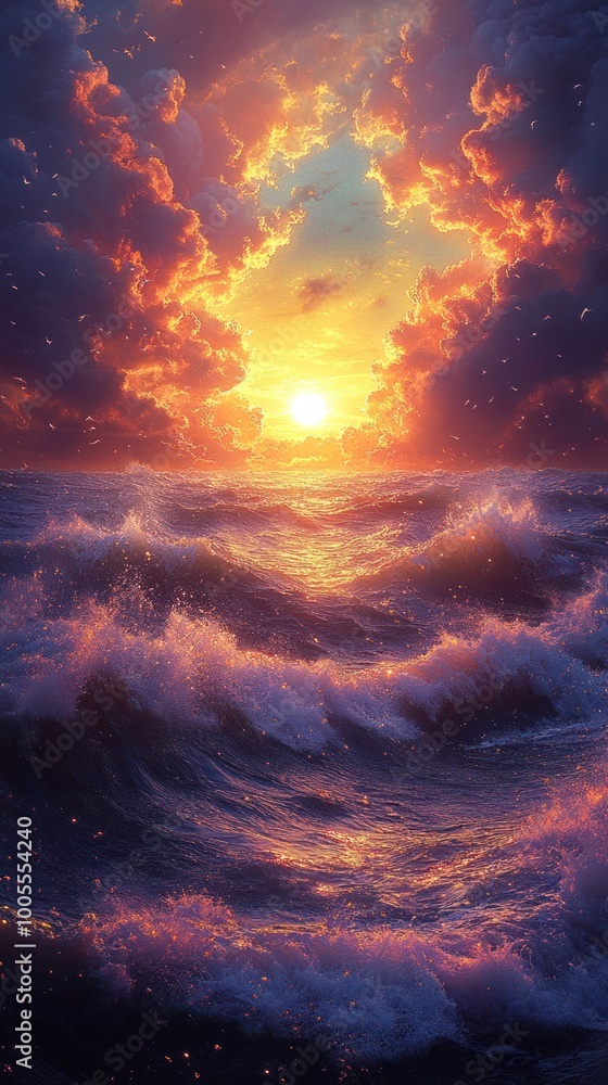 Majestic Sunset Over Ocean Waves: Fiery Sky and Dynamic Water Movement in a Vibrant Seascape Majestic Sunset Over Ocean Waves: Fiery Sky and Dynamic Water Movement in a Vibrant Seascape