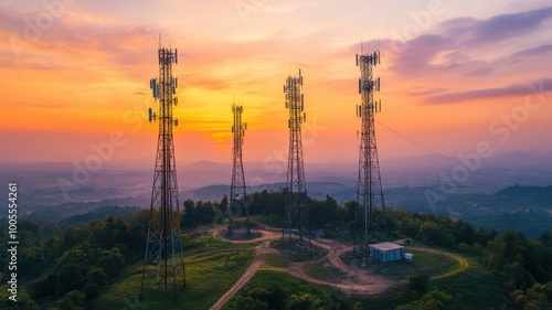 Telecommunication towers against a vibrant sunset sky, scenic landscape.