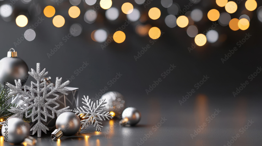 Sparkling silver Christmas ornaments, snowflakes, and lights creating a festive holiday atmosphere on a dark background Sparkling silver Christmas ornaments, snowflakes, and lights creating a festive holiday atmosphere on a dark background