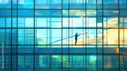 A silhouette of a worker balancing on a narrow beam amidst modern glass architecture reflecting vibrant colors.