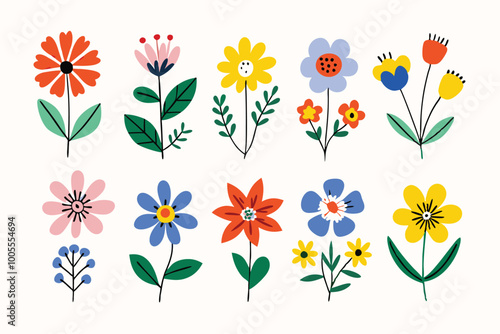 Cute Flowers Set in Flat Vector Style, Simple Shapes, Bold Outlines, High Contrast, Colorful Clip Art