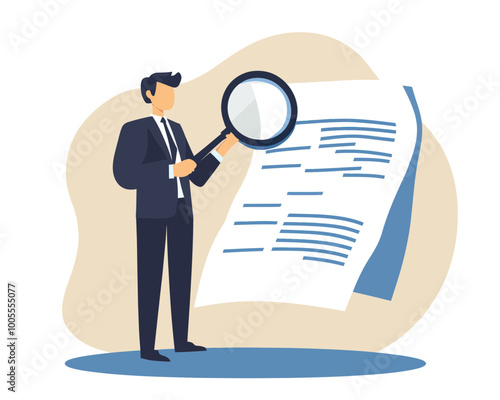 Businessman Inspecting Document with Magnifier Glass for Legal Audit or Quality Assurance in Minimalist Flat Vector Style