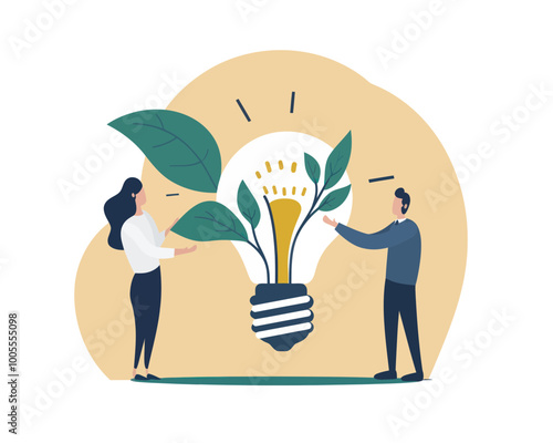 ESG Corporate Responsibility: Business People Nurturing Green Plant in Light Bulb - Environmental, Social, and Governance Concept Vector