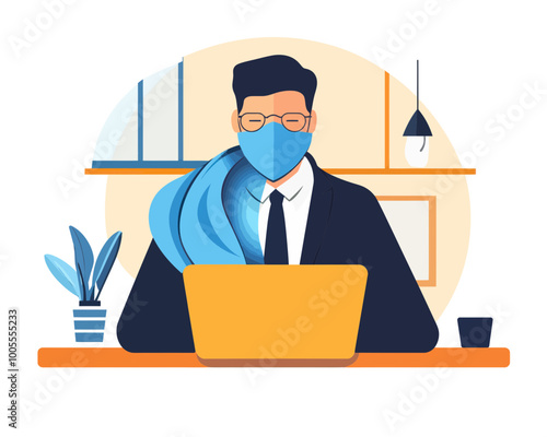 Hybrid Work Concept After COVID-19 Pandemic, Businessman in Mixed Home and Office Environment, Employee Choice for Optimal Productivity, Flat Minimalist SVG Vector Illustration