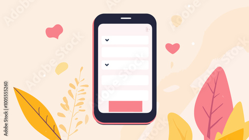 Colorful Mobile Messaging App Interface Concept with Autumn Leaves and Heart Shapes - Vector Illustration for Digital Communication and UI Design