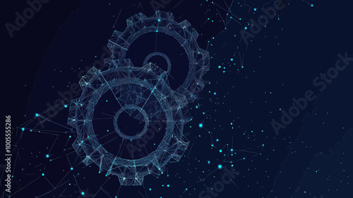 Low Poly Vector Gearing in Starry Cosmos Background, Mechanical Technology Machine Engineering Illustration with Lines, Dots, and Shapes in Flat Minimalist Style