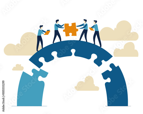 Business Teamwork Connecting Puzzle Pieces to Build Success Bridge, Minimalist Flat Vector Concept of Collaboration, Partnership, and Problem Solving for Achieving Goals